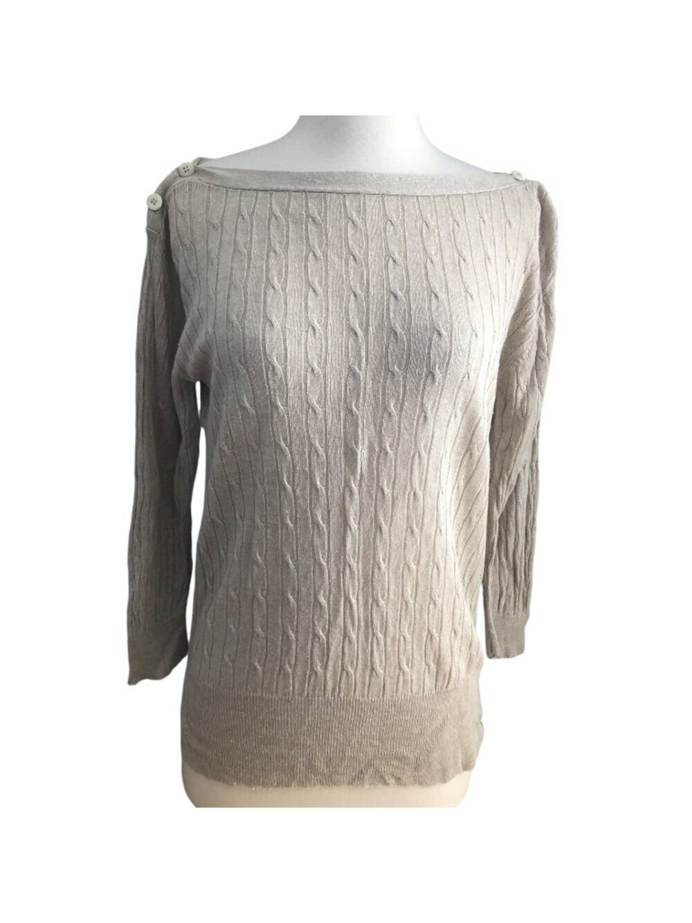 J Crew size S Beige 100% Linen Cable Knit Sweater Buttons 3/4 Sleeve Lightweight